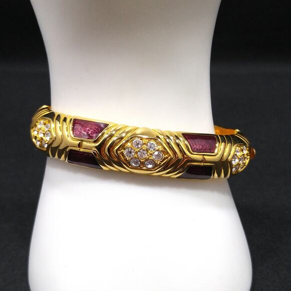 Joan Rivers Gold Plated Red Enamel Rhinestone Hinged Bracelet Vintage Jewelry - Picture 4 of 9